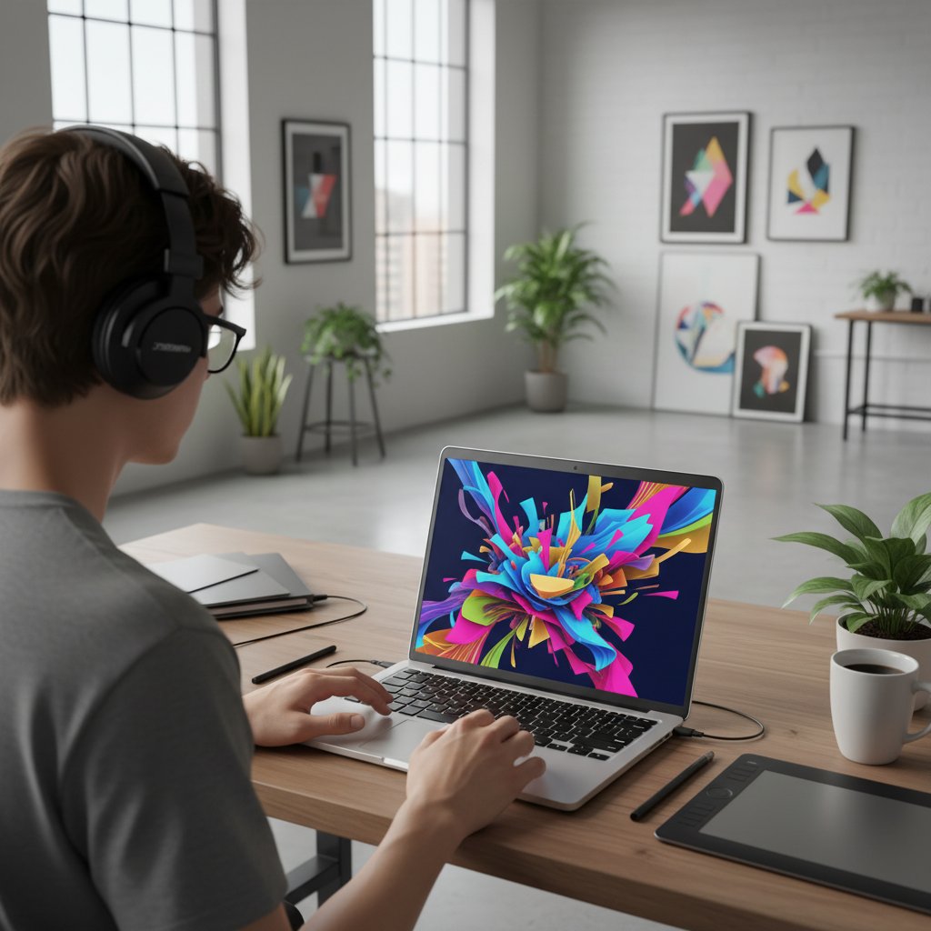 Fotorealistyczna scena: laptop, ekran z generatywną sztuką, młody artysta w słuchawkach w nowoczesnym studio
