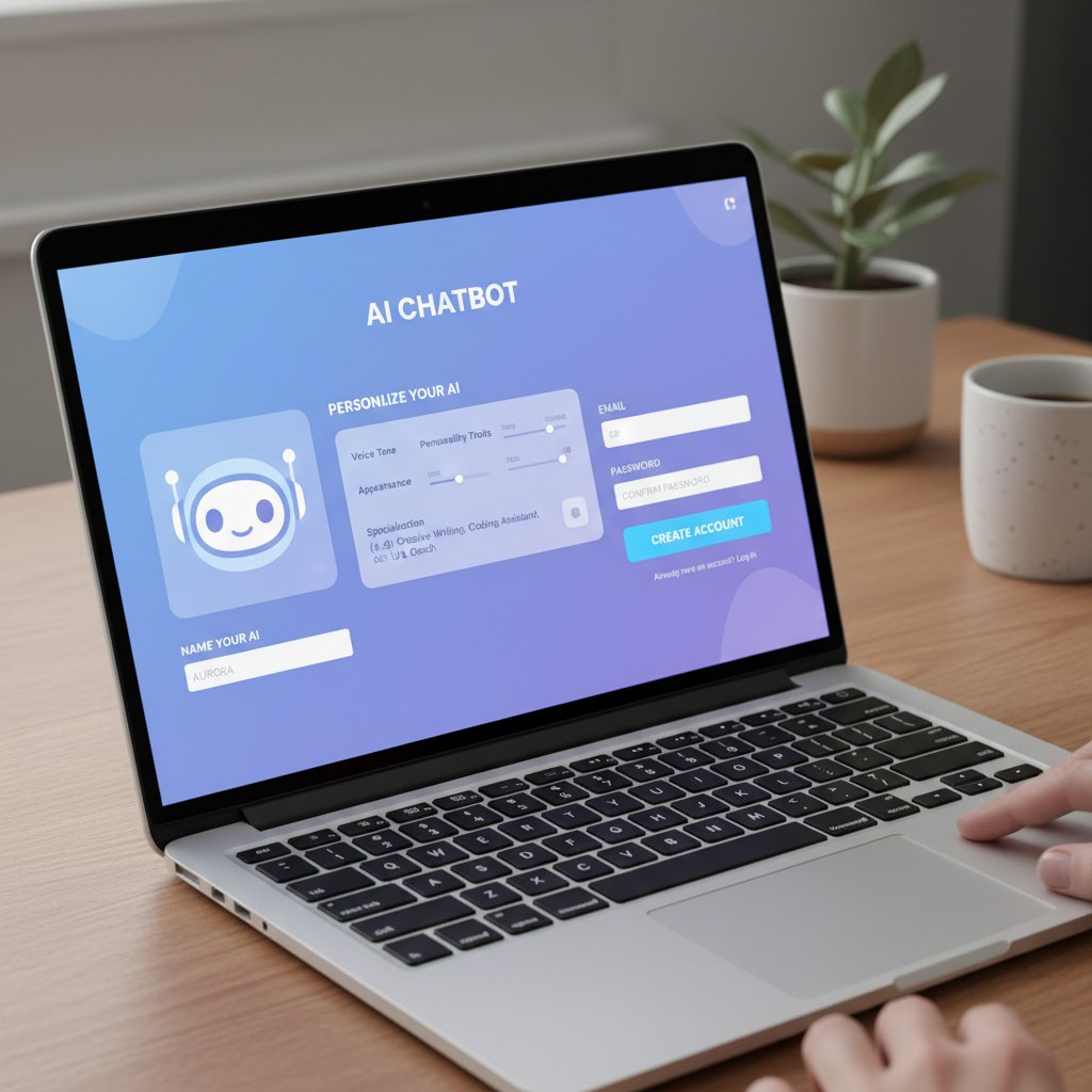 Ekran rejestracji na stronie character.ai, widok laptopa z otwartym panelem personalizacji