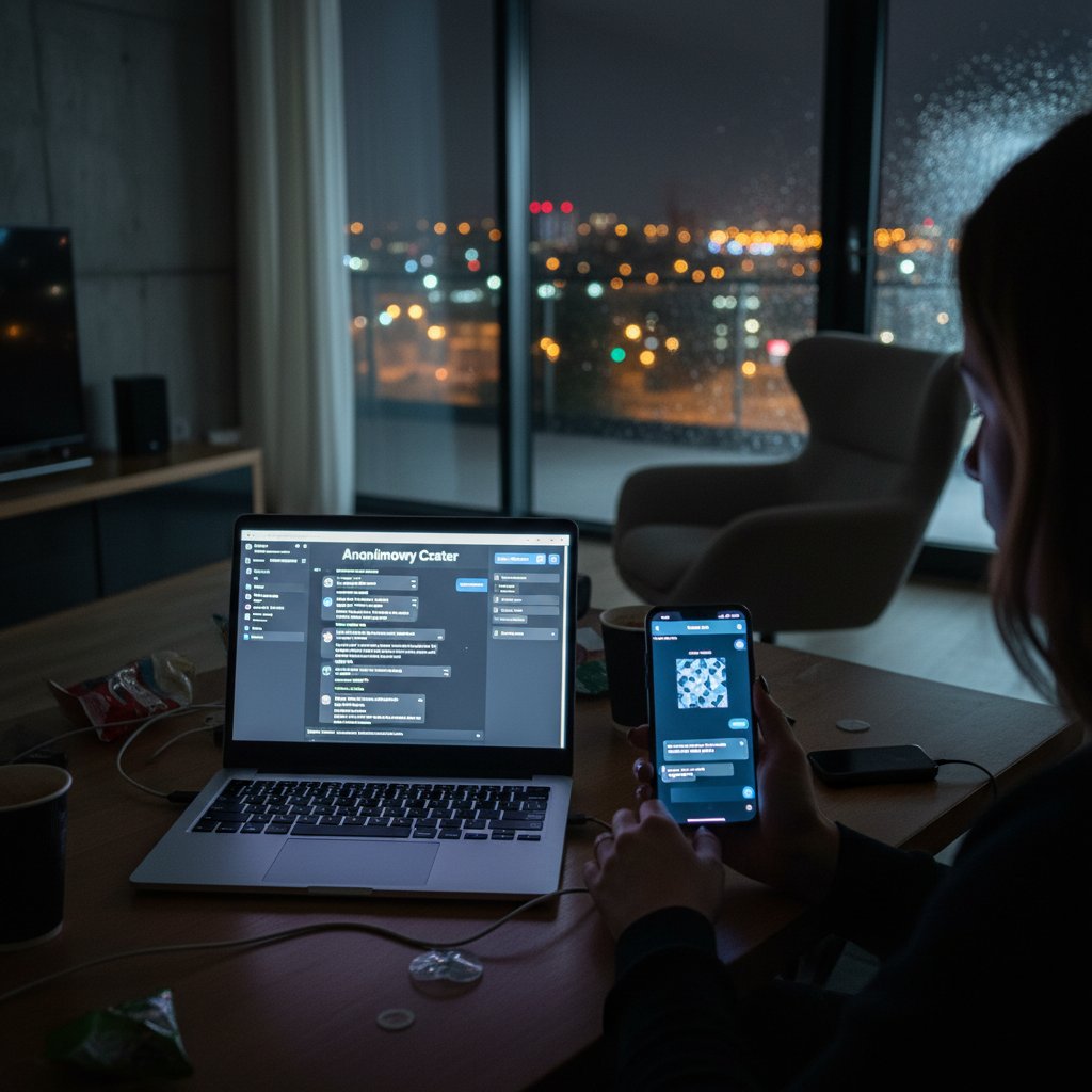 Laptop i smartfon nocą w polskim mieszkaniu, użytkownik pisze wiadomości anonimowo, klimat intymnej rozmowy online
