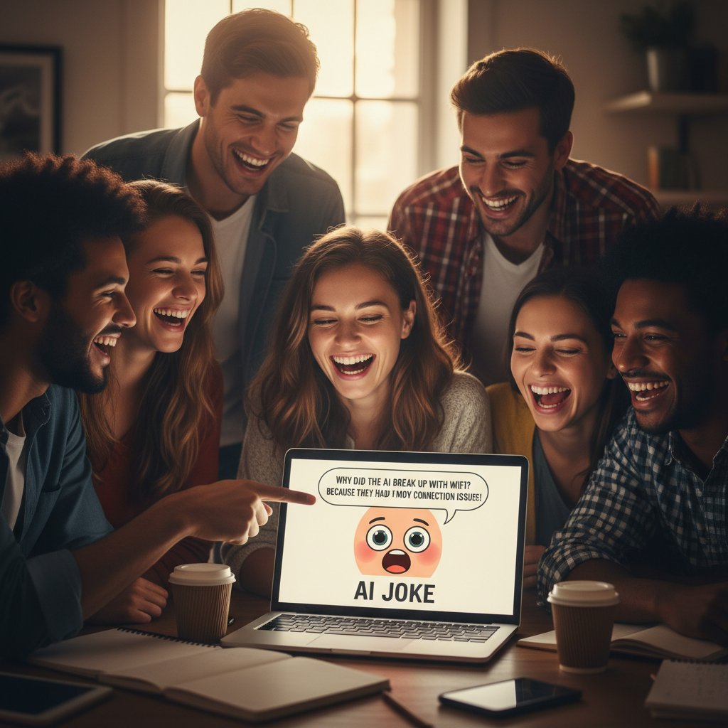 Laptop z wesołą miną, ludzie śmieją się podczas rozmowy z AI, testowanie humoru z ziomek.ai