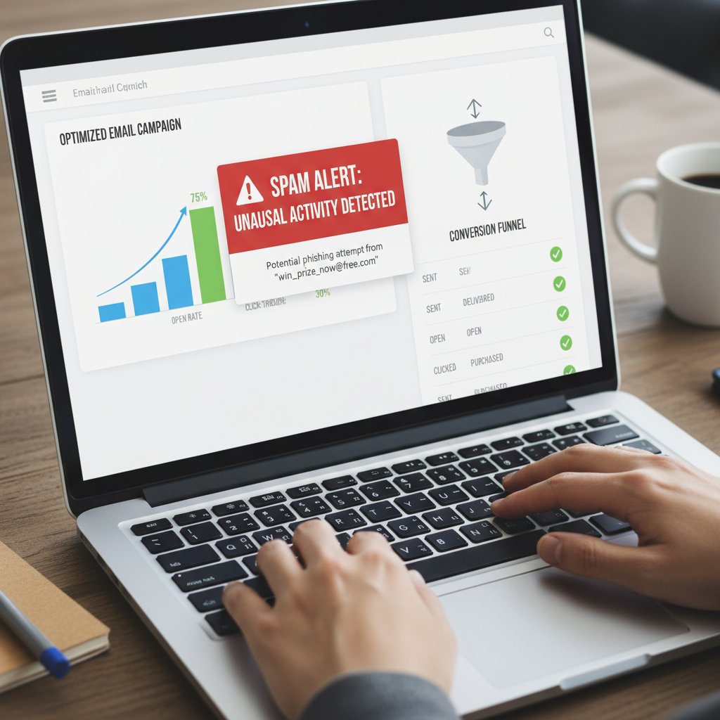 Laptop z wyświetlonym komunikatem o spamie, obok ekran z dobrze zoptymalizowaną kampanią mailową