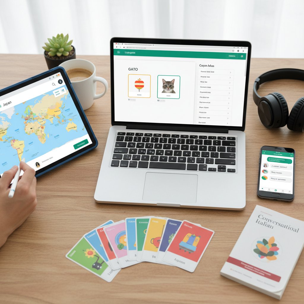 Porównanie różnych narzędzi do nauki języków – laptop, tablet i aplikacja na smartfonie