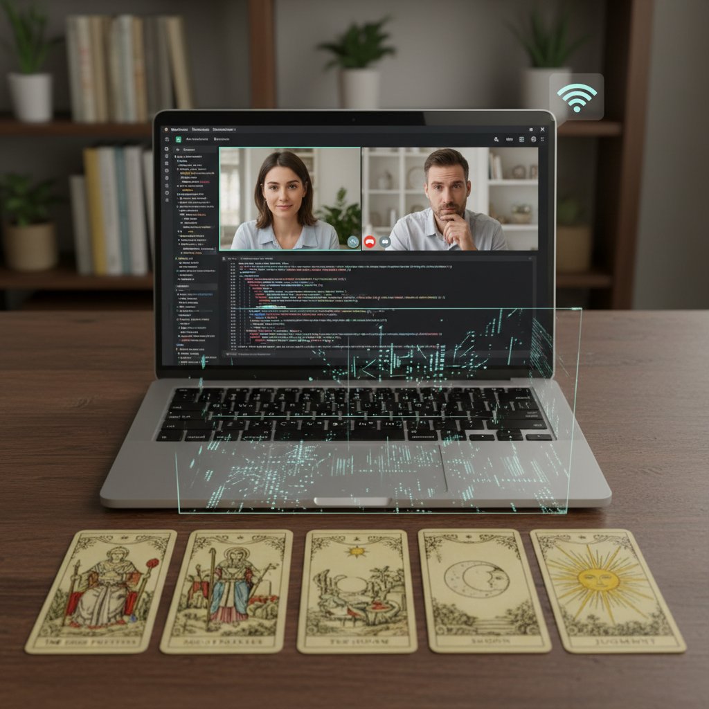 Symbolische Szene: Laptop mit schwebenden Tarotkarten aus digitalem Code, Thema Online-Lebensberatung