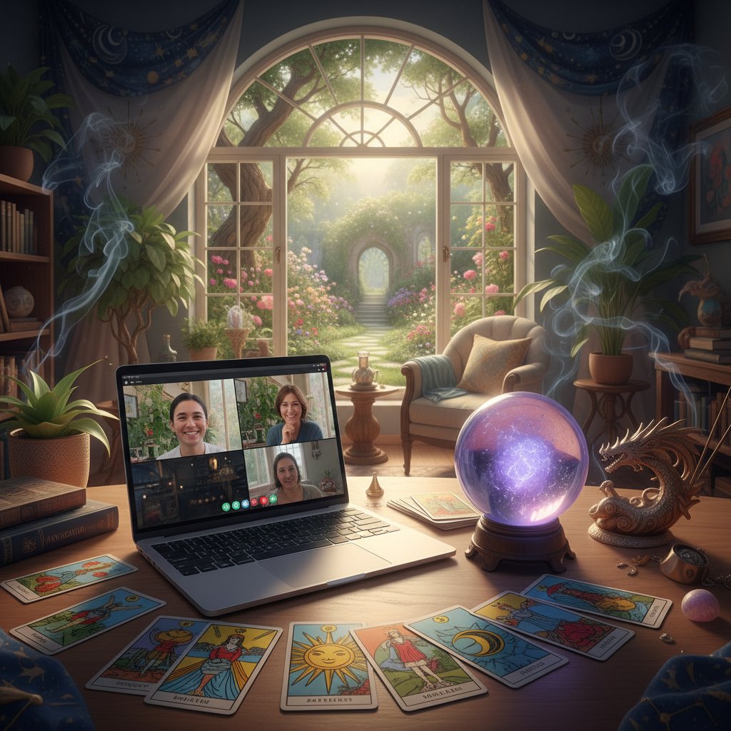 Laptop mit Tarotkarten und laufendem Video-Call, Symbol für technisierte mystische Beratung