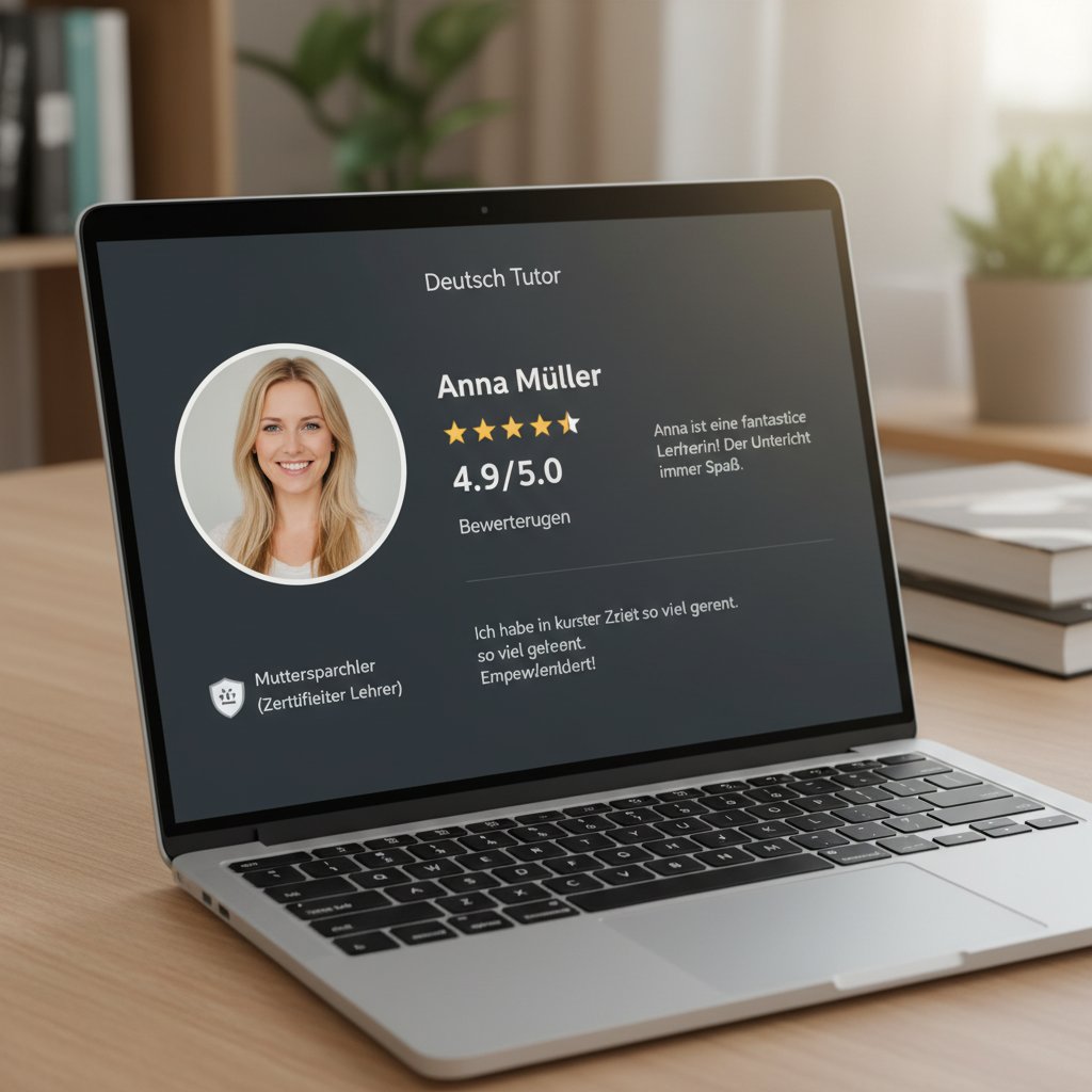 Zbliżenie na ekran laptopa z profilem korepetytora niemieckiego, widoczne gwiazdki i opinie
