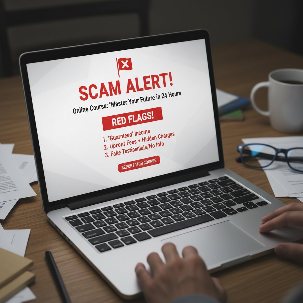 Zbliżenie na ekran laptopa z ostrzeżeniem o podejrzanym kursie online