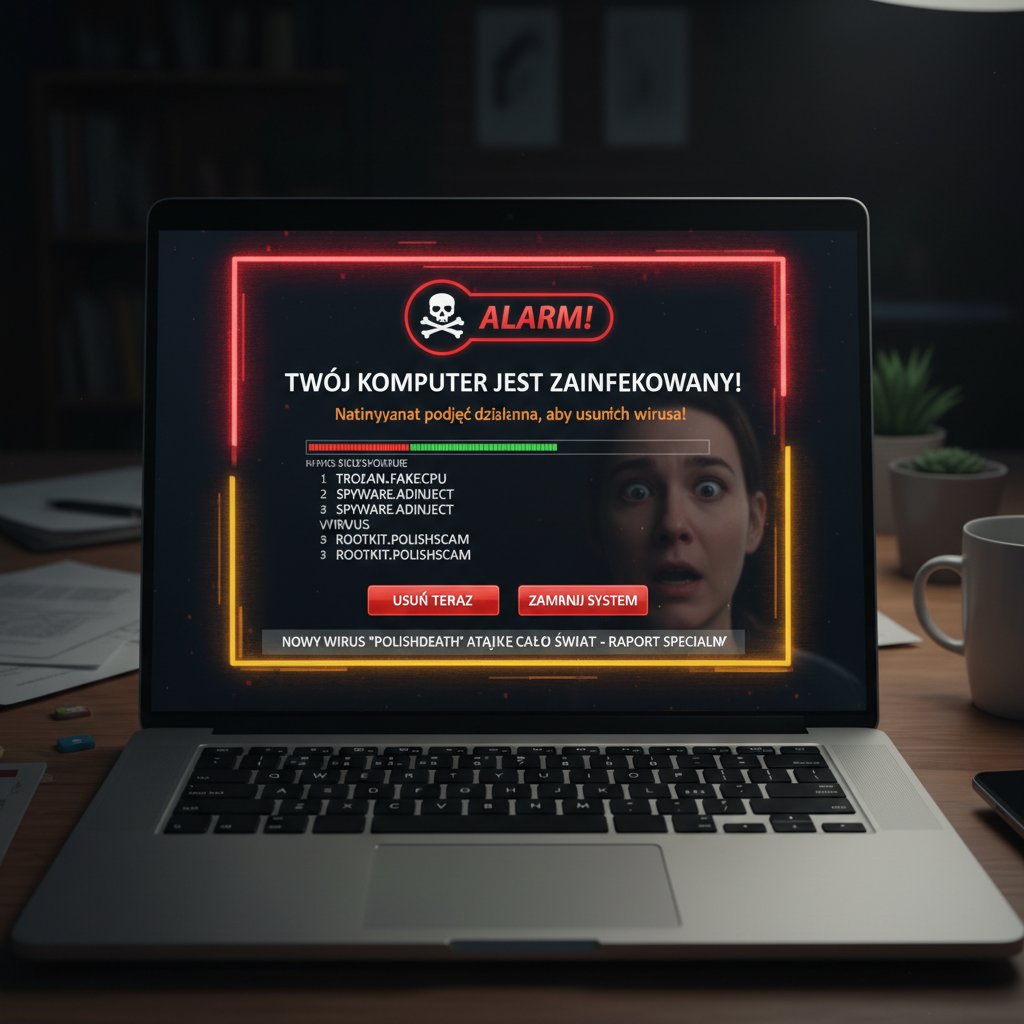 Laptop z ostrzeżeniem o fałszywych wiadomościach o wirusie