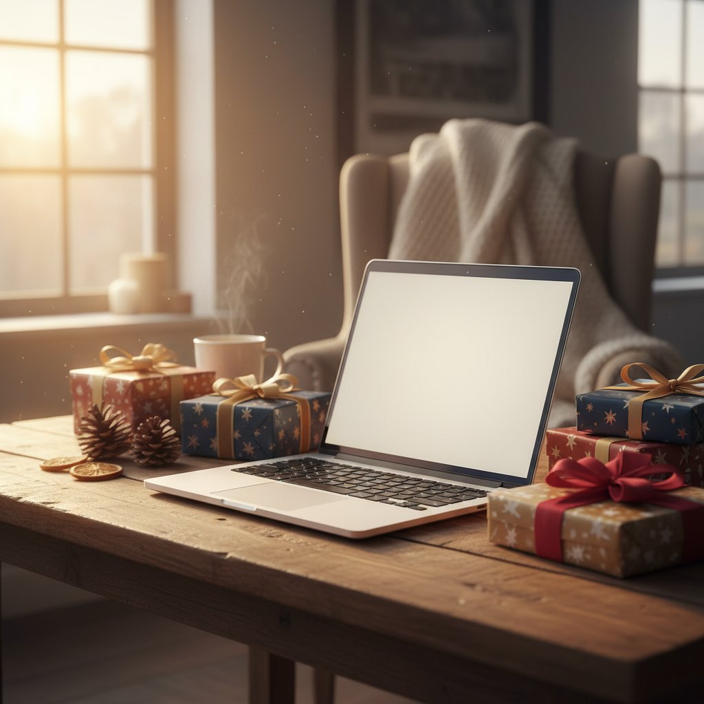 Laptop i prezenty na stole, zakupy online