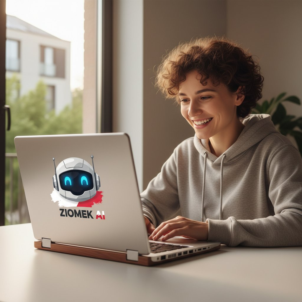Ekran laptopa z wyświetloną aplikacją ziomek.ai, nowoczesny polski design, osoba uśmiechnięta siedzi obok