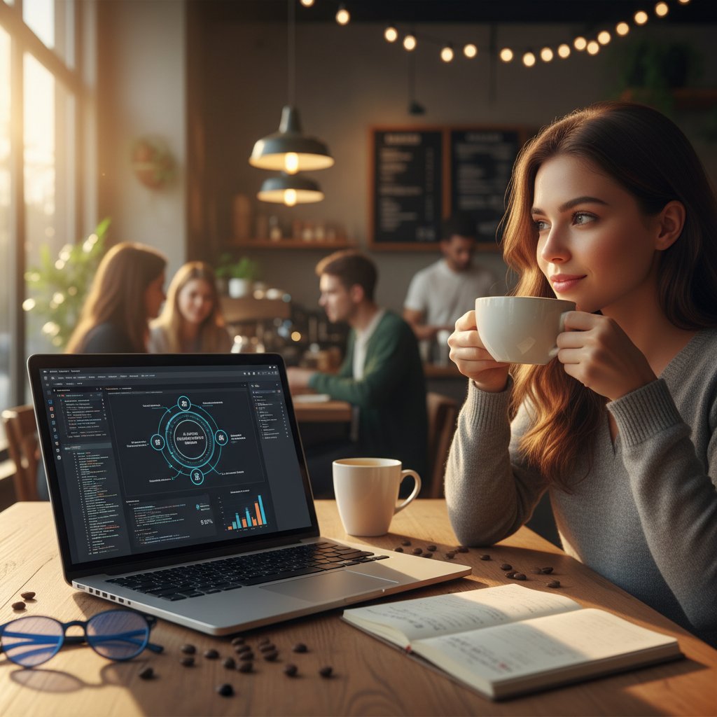 Zbliżenie na ekran laptopa z kodem AI, obok notatnik z diagramami emocji, kawiarnia w tle