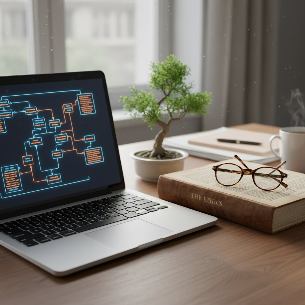 Zamknięty laptop obok otwartej książki filozoficznej, symbolizujący współistnienie AI i filozofii w codziennym życiu