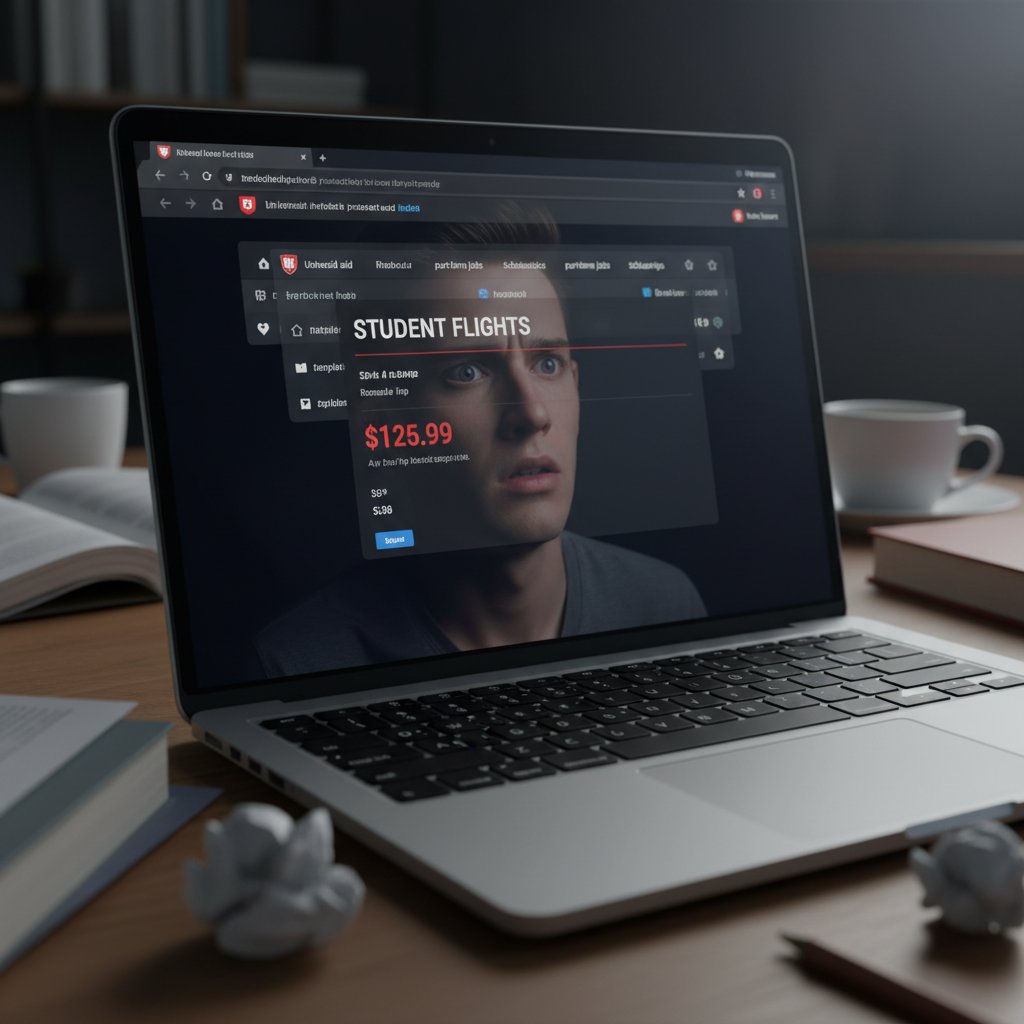 Close-up of laptop with dozens of browser tabs open, student’s tense face reflected in screen, search history visible