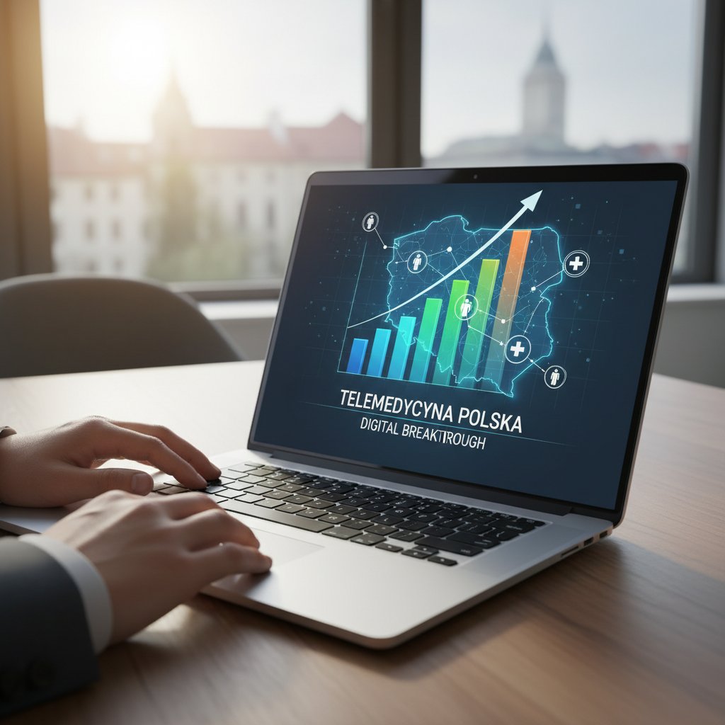 Wykres na laptopie przedstawiający dynamiczny wzrost liczby użytkowników telemedycyny w Polsce, atmosfera przełomu cyfrowego
