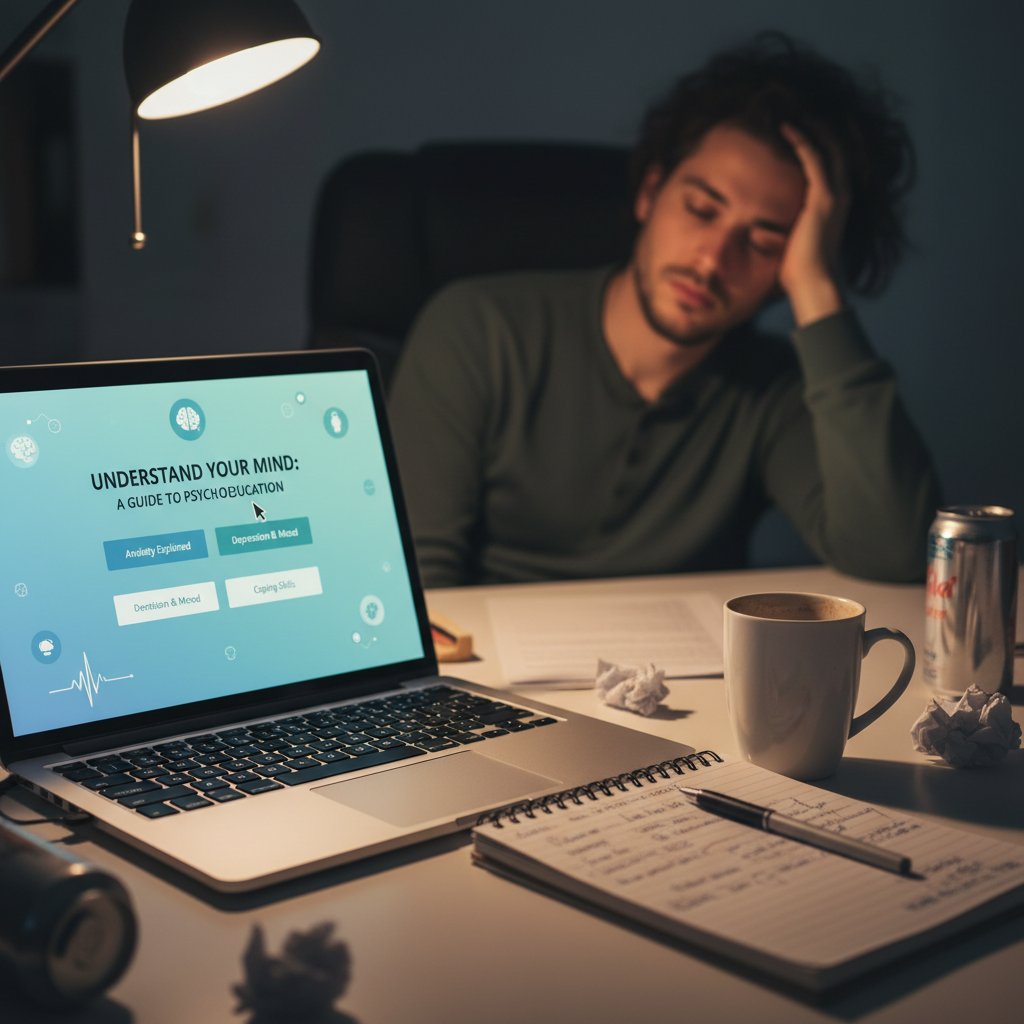 Laptop-Screen mit KI-Psychoedukationsplattform, daneben Notizbuch, Hand einer erschöpften Person am Kopf