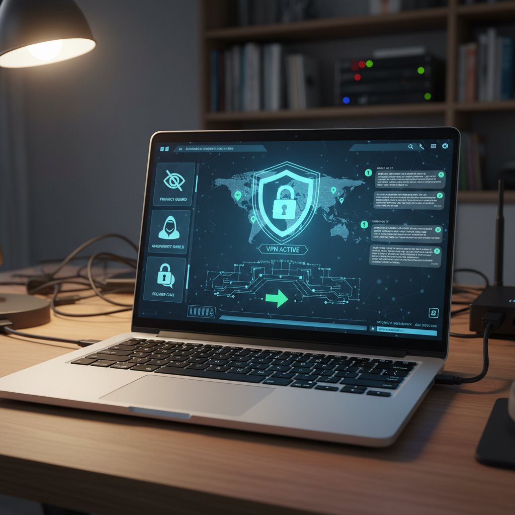 Laptop z uruchomionym VPN i kilkoma otwartymi oknami aplikacji do ochrony prywatności