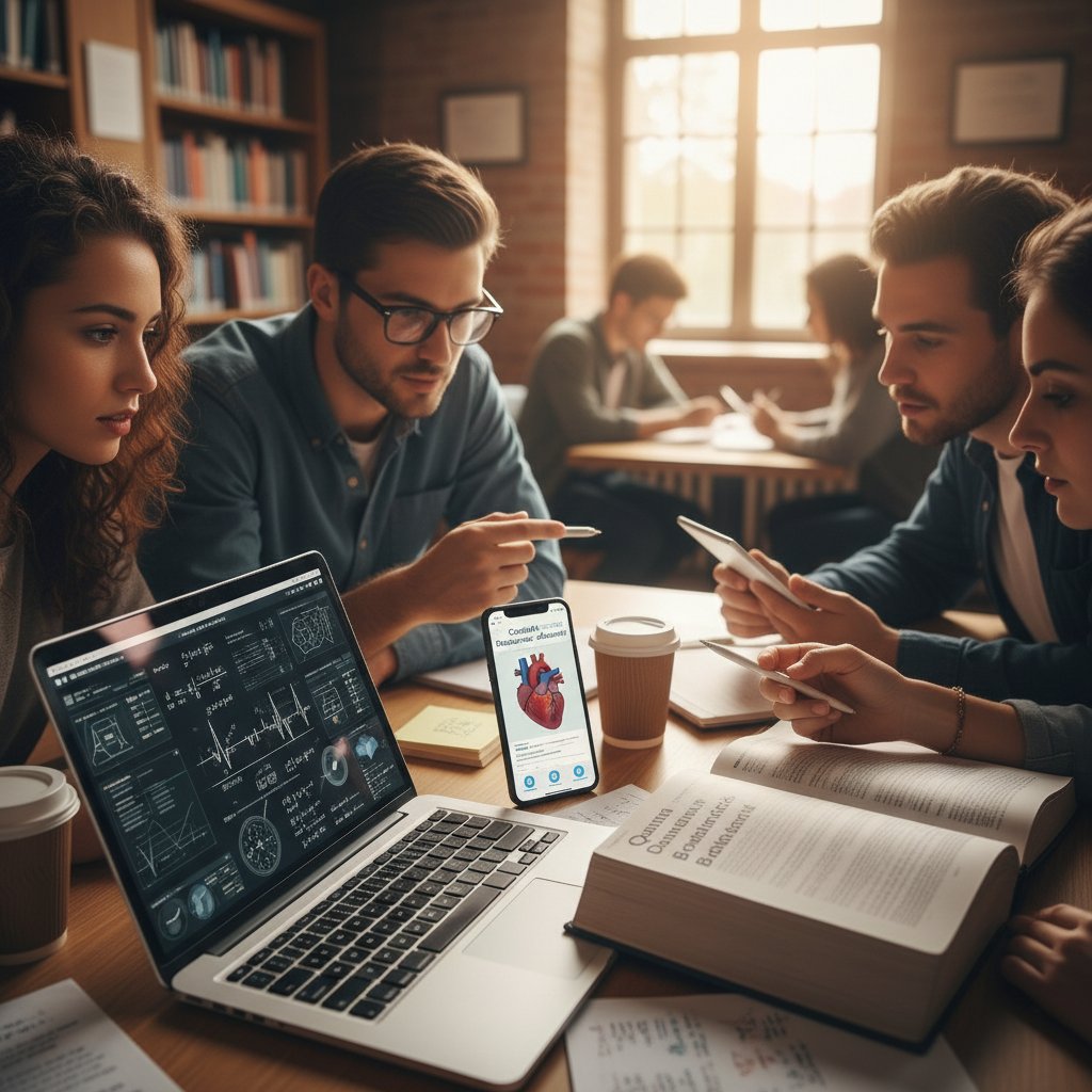 Różne źródła informacji: laptop, książka naukowa, telefon z aplikacją medyczną, grupa ludzi dyskutujących