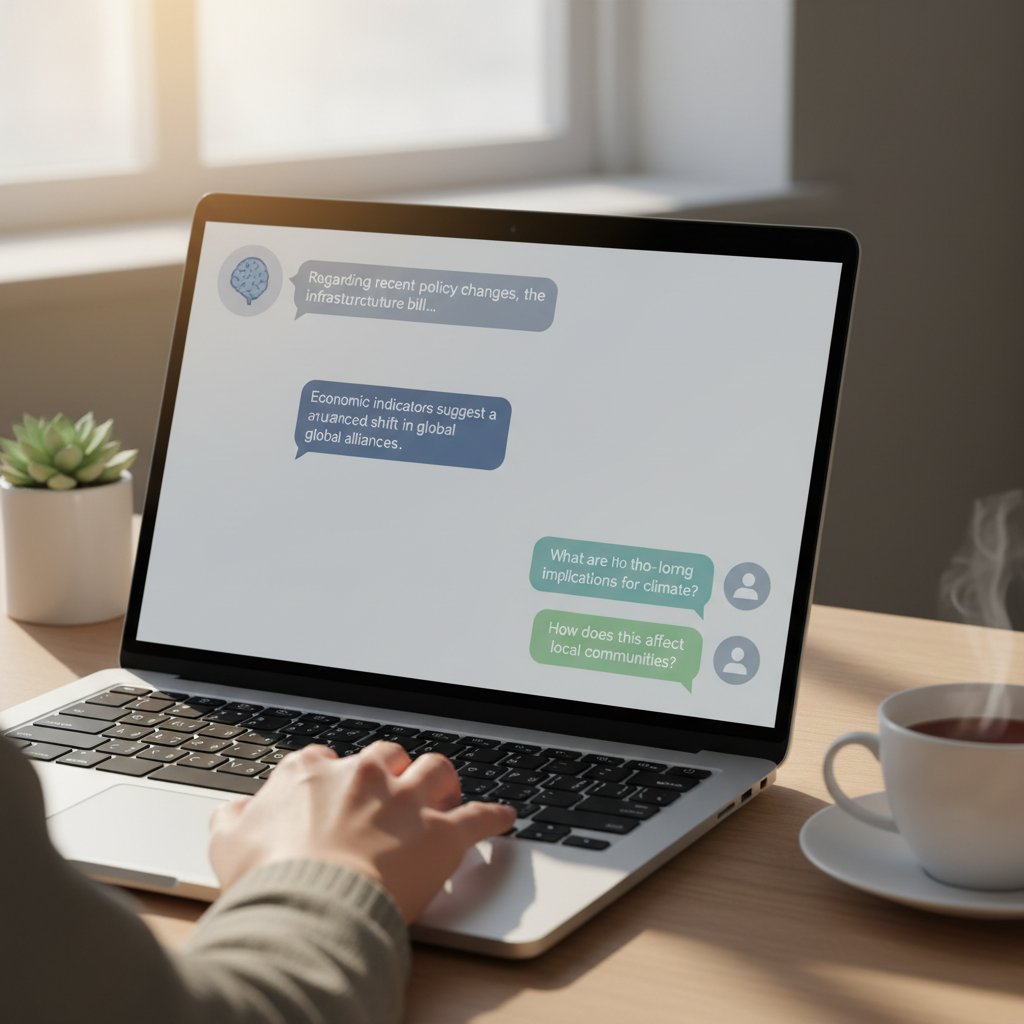 Ekran laptopa z rozmową AI na temat polityki, widoczny spokój i zaangażowanie użytkownika