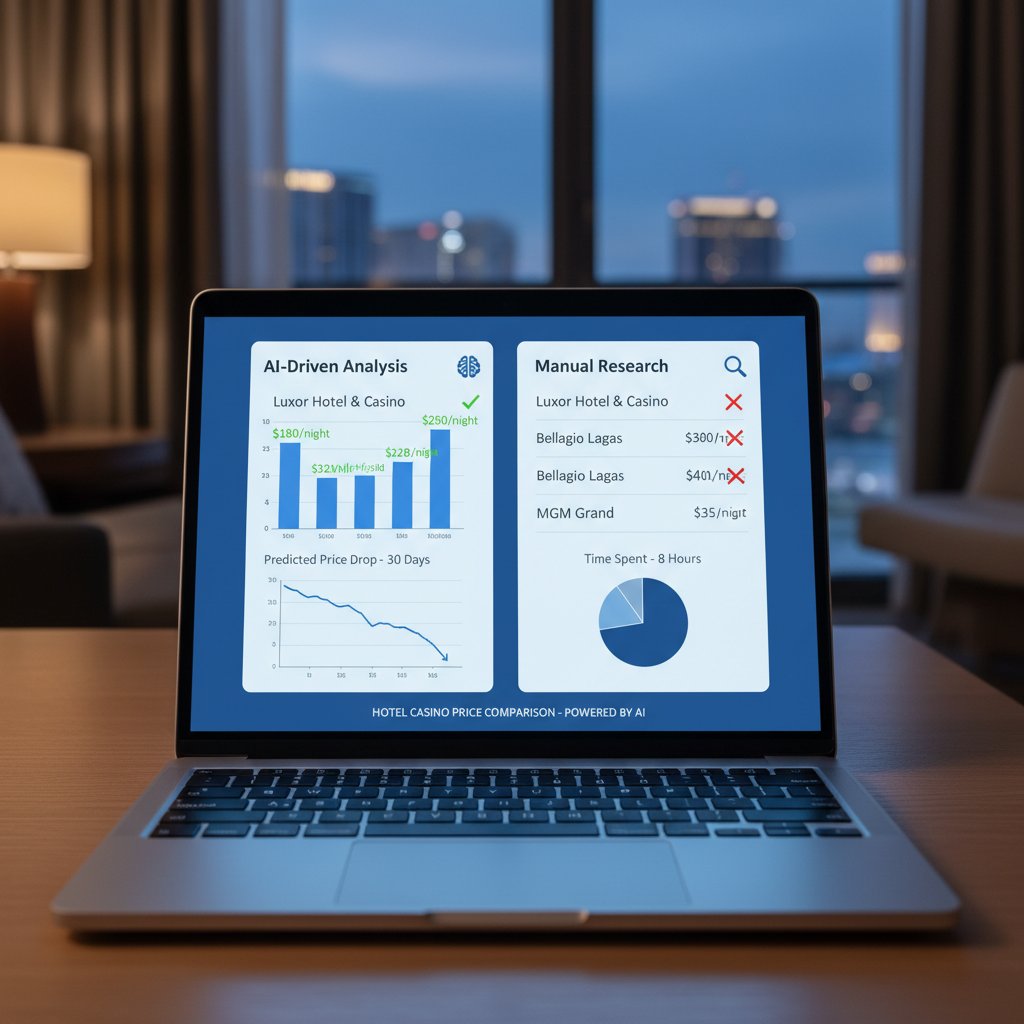 Ekran laptopa z porównywarką AI, oferta hotelu przy kasynie, analiza cen
