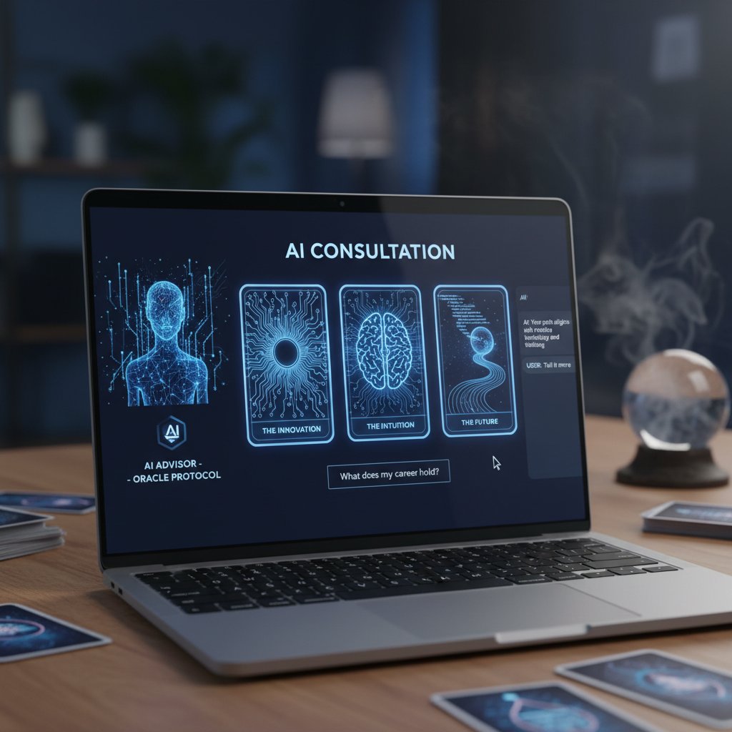 Nahaufnahme: Laptop-Bildschirm mit KI-generierter Lebensberatung und Tarotkarten, Thema spirituelle Online-Beratung