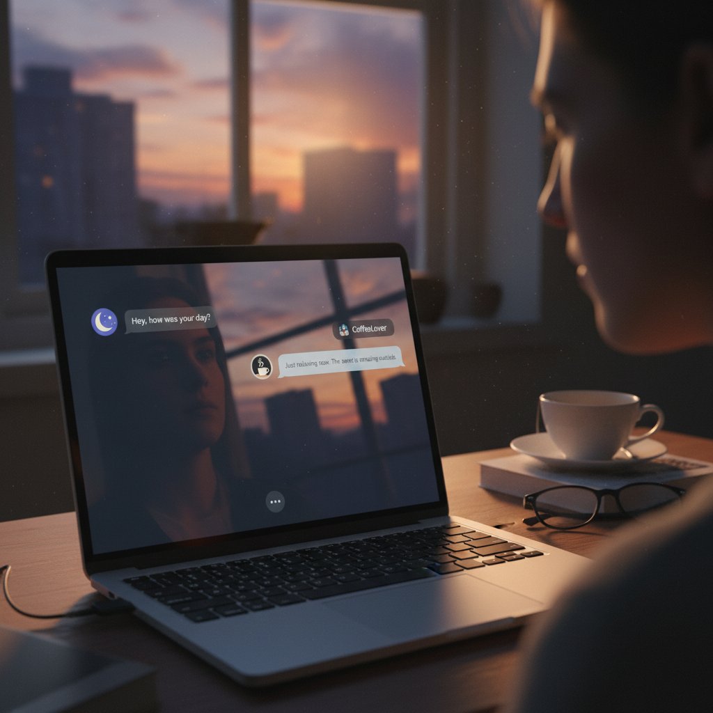 Zbliżenie na ekran laptopa z aktywną rozmową i widocznymi emotikonami, światło wieczorne