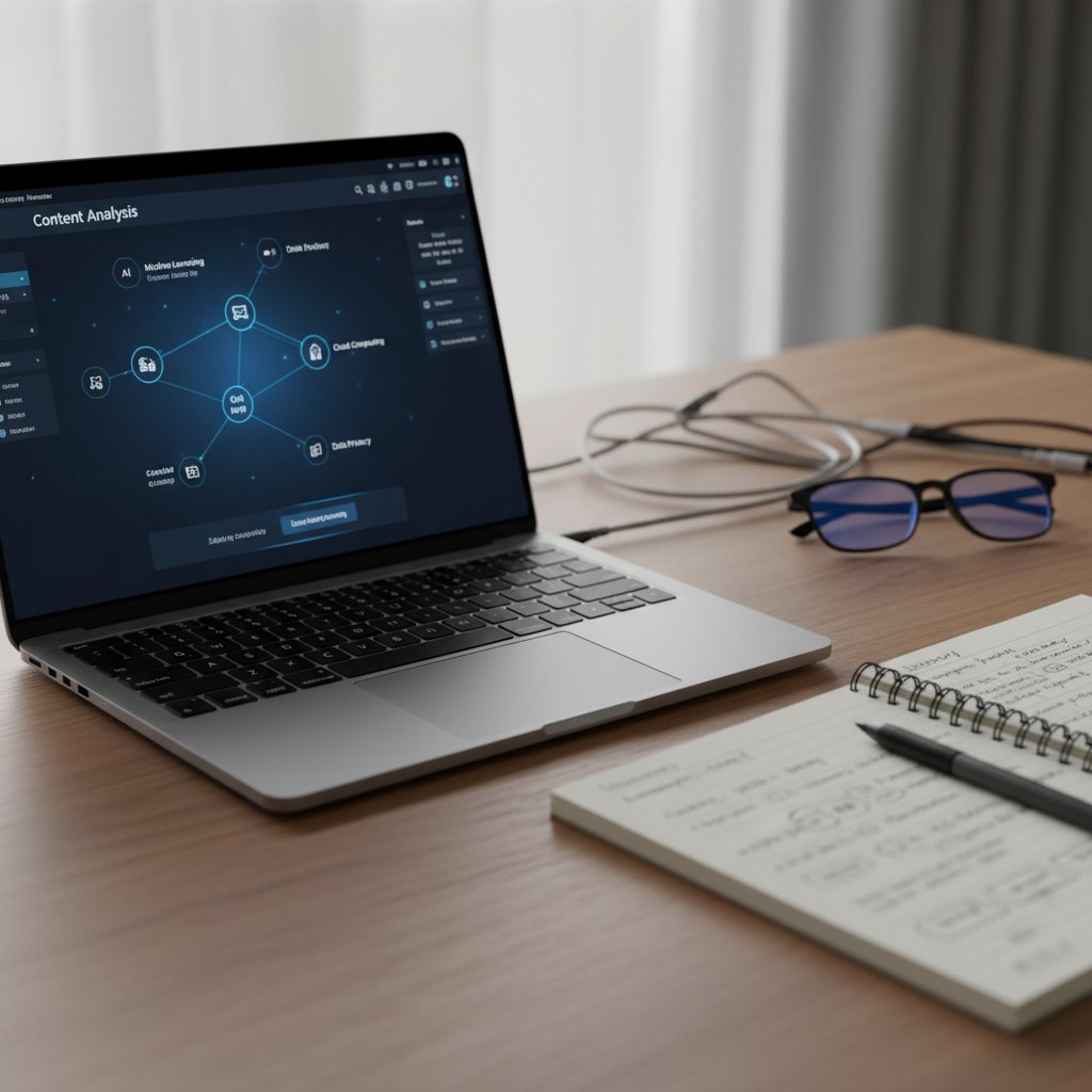 Zbliżenie na ekran laptopa z otwartym narzędziem do analizy treści, obok notatnika i długopisu – symbol połączenia technologii i krytycznej analizy w tworzeniu lepszych treści