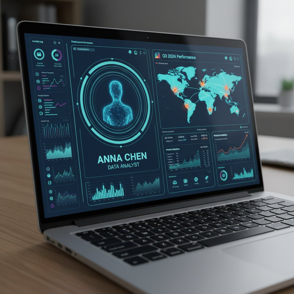 Zbliżenie na ekran laptopa z wyświetlanym profilem cyfrowym i analizą danych