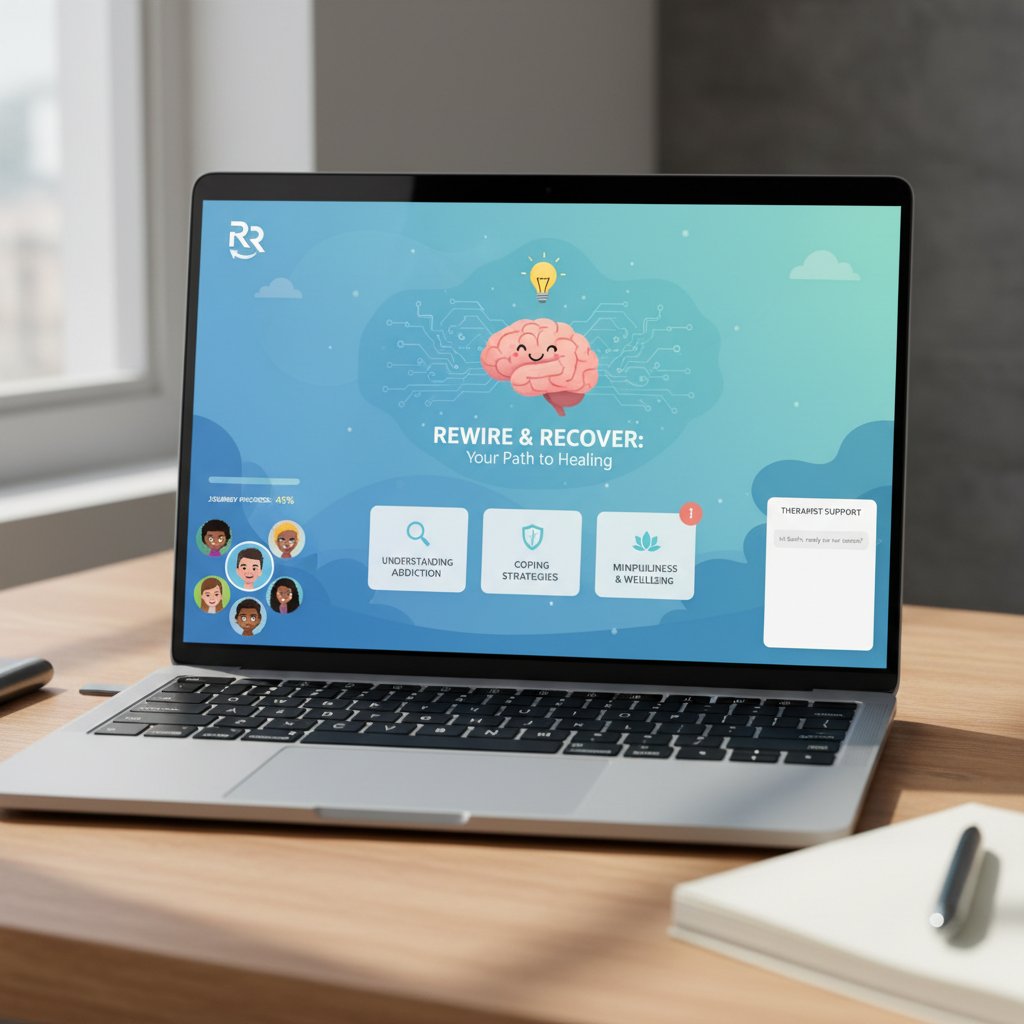 Ekran laptopa z platformą edukacyjną psychoterapeuta.ai, spokojna domowa sceneria