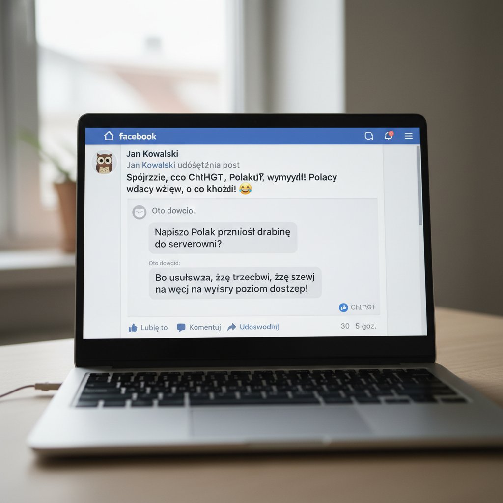Ekran laptopa z wygenerowanym przez chatgpt postem na Facebooka, prezentując nowoczesne zastosowania AI w social media