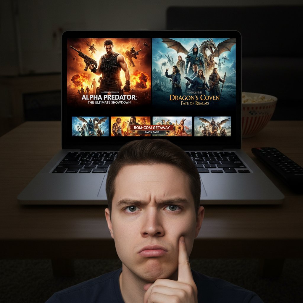 Close-up of a glowing laptop screen, ads overlaid, user expression skeptical. Alt: Viewer analyzing ads on a free movie streaming site with skepticism