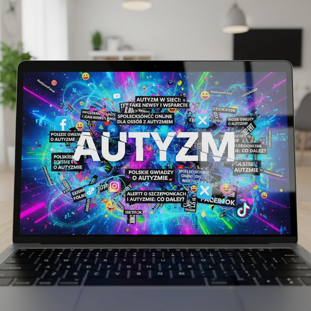 Nagłówki polskich mediów o autyzmie na ekranie laptopa, komentarze w social media, debata publiczna