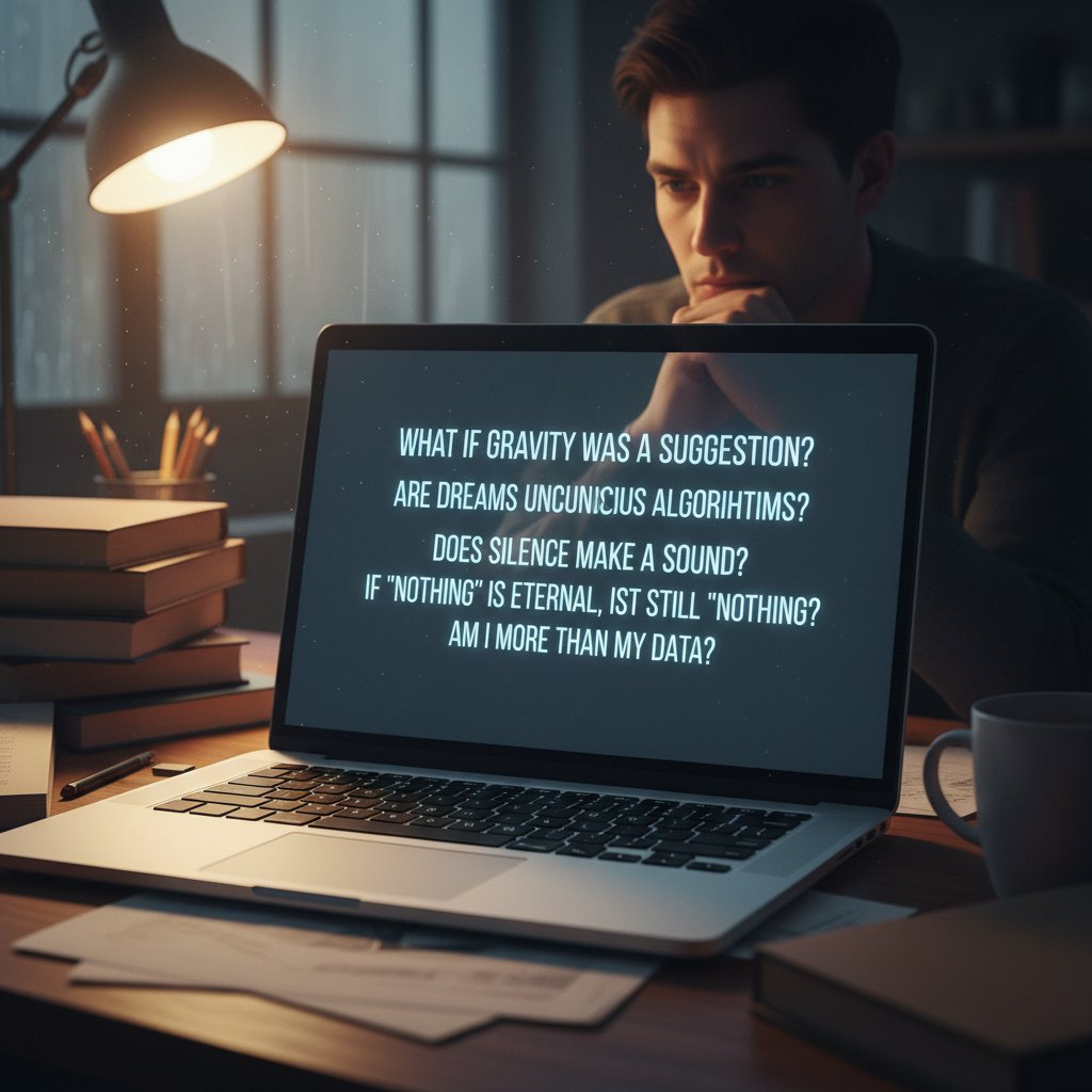 Zbliżenie na ekran laptopa, na którym wyświetlane są nietypowe pytania do AI, wokół półmrok i osobista atmosfera