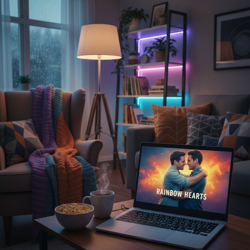 Photo: Close-up of a laptop screen streaming a vibrant queer movie, cozy apartment setting