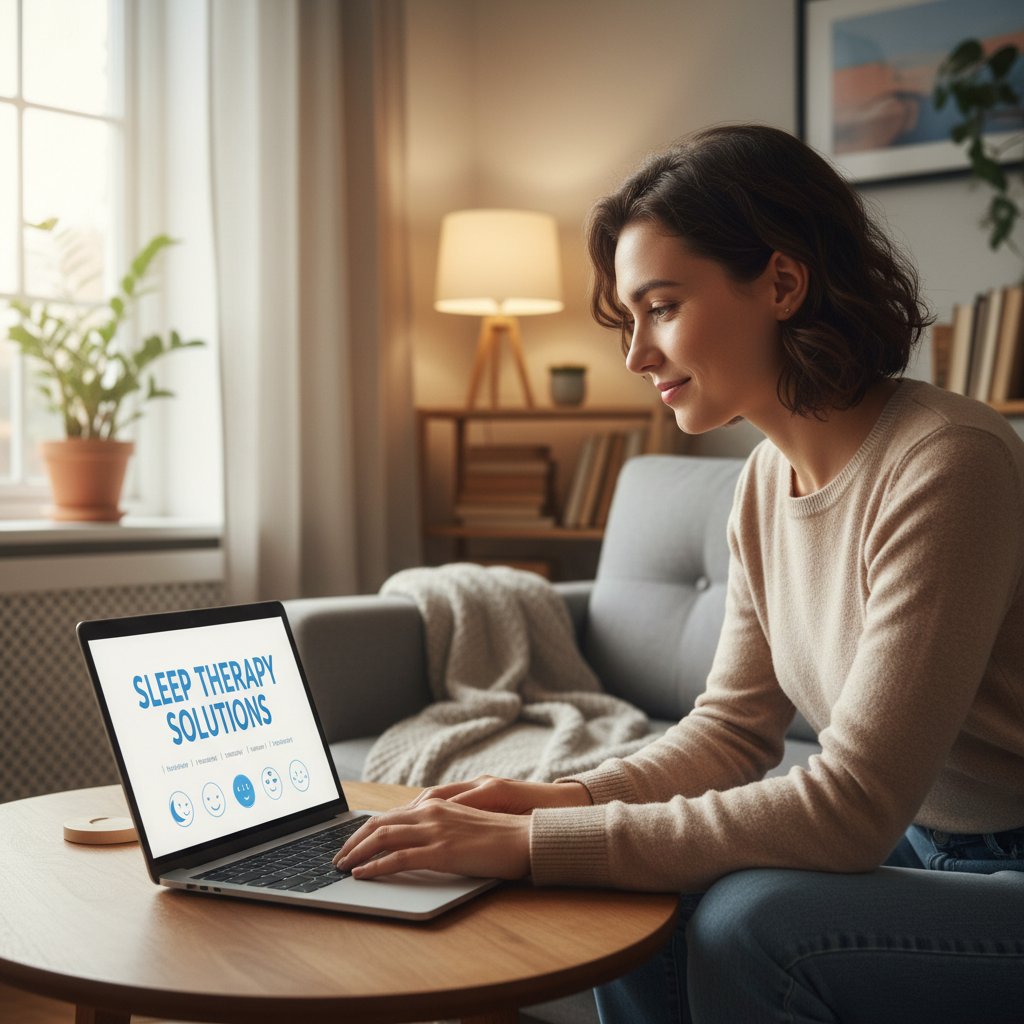 Osoba korzystająca z laptopa w przytulnym mieszkaniu, szukająca terapii snu online, nastrój nadziei i wyboru