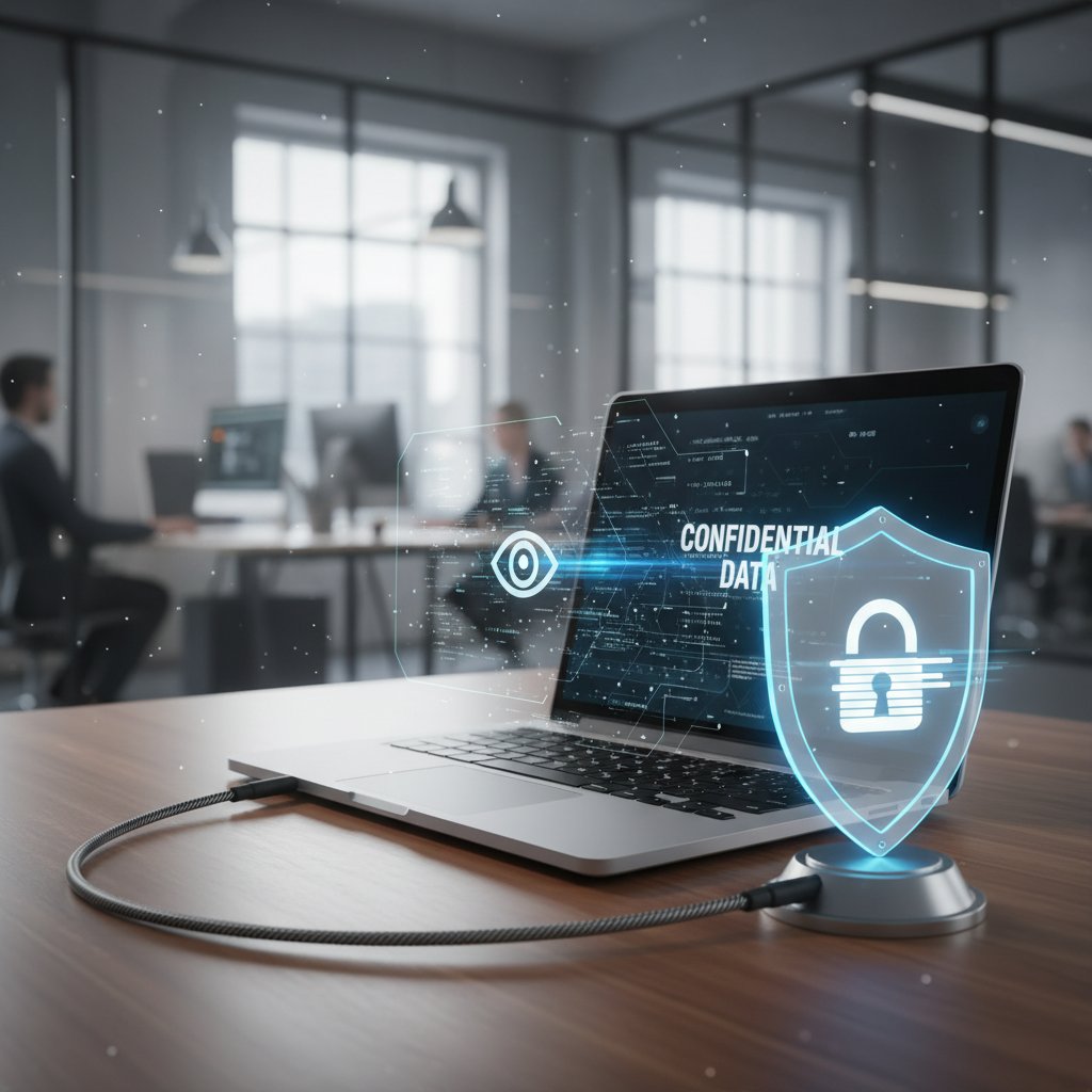 Ekran laptopa z symbolem kłódki i napisem “bezpieczeństwo danych” na tle biura