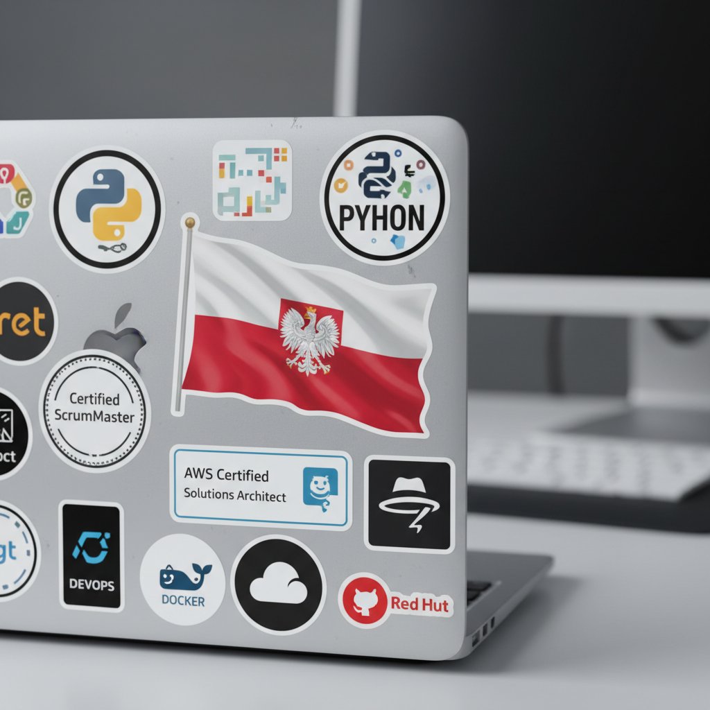 Laptop z naklejkami umiejętności, certyfikaty, polska flaga – jak wyróżnić się jako mobile developer