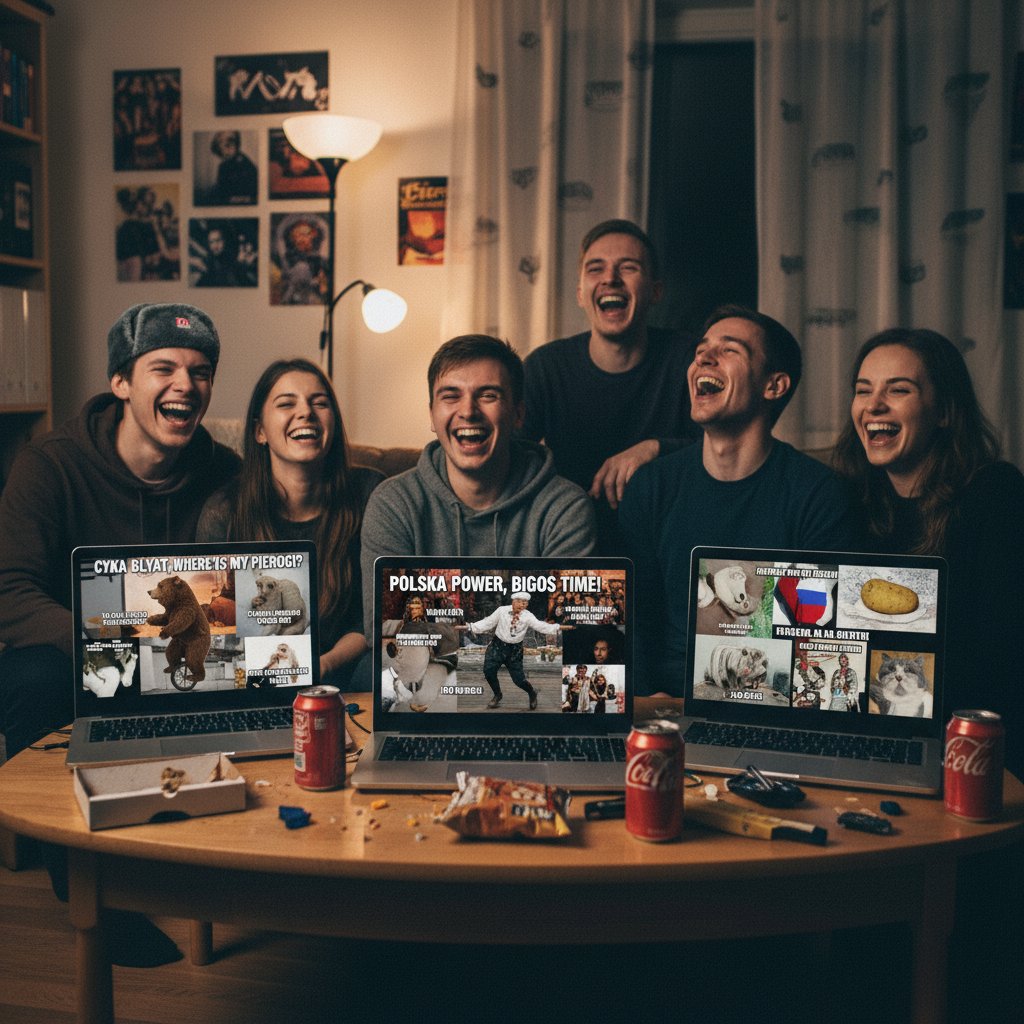 Laptopy, na ekranach których widoczne rosyjskie i polskie memy, grupa młodych osób śmieje się i komentuje
