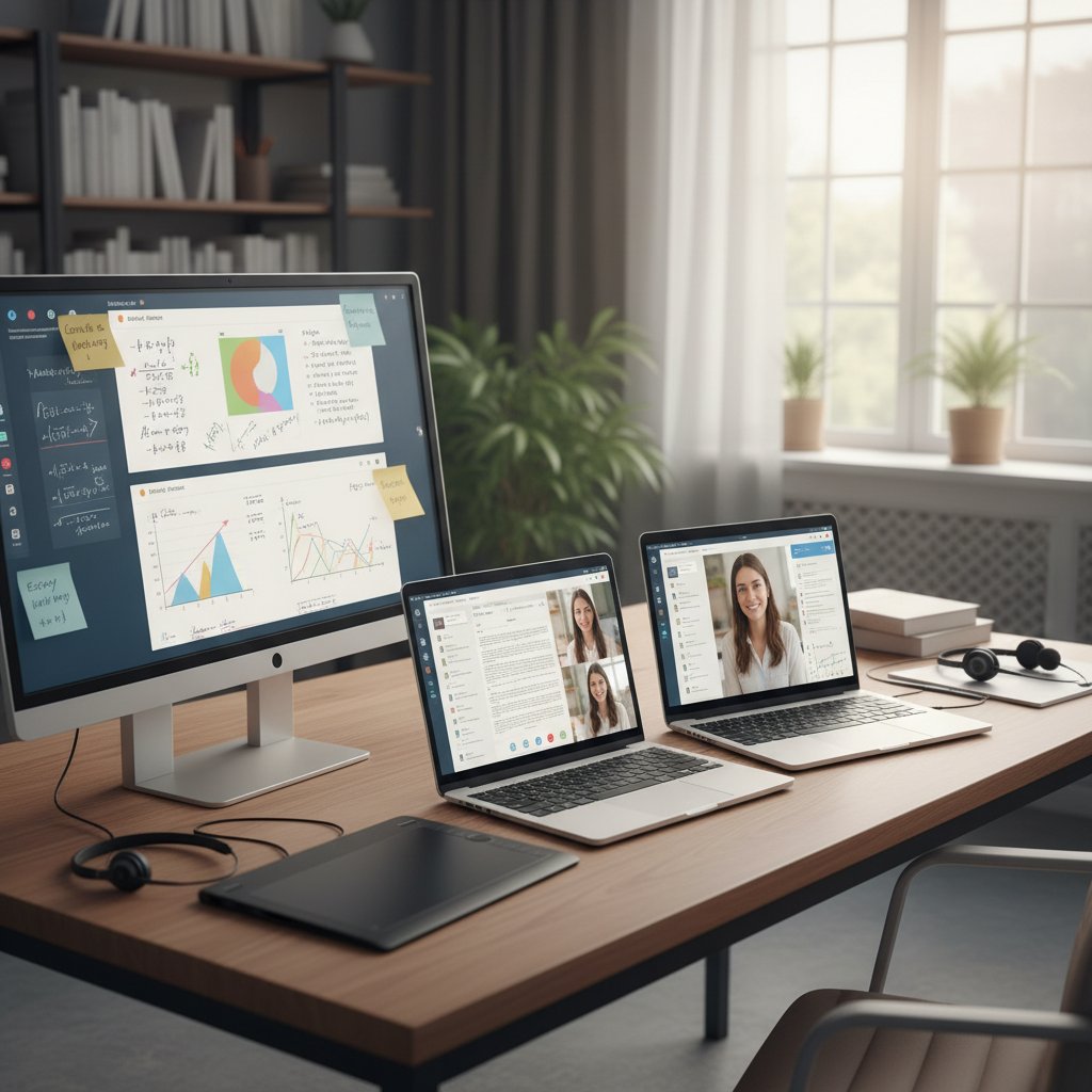 Porównanie laptopów z aktywnymi tablicami online różnych platform na biurku