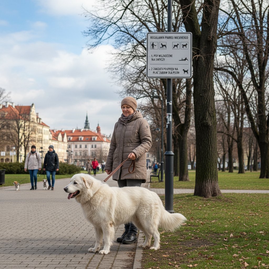 Duży pies na smyczy stojący przed wejściem do miejskiego parku, tabliczka z niejasnym regulaminem