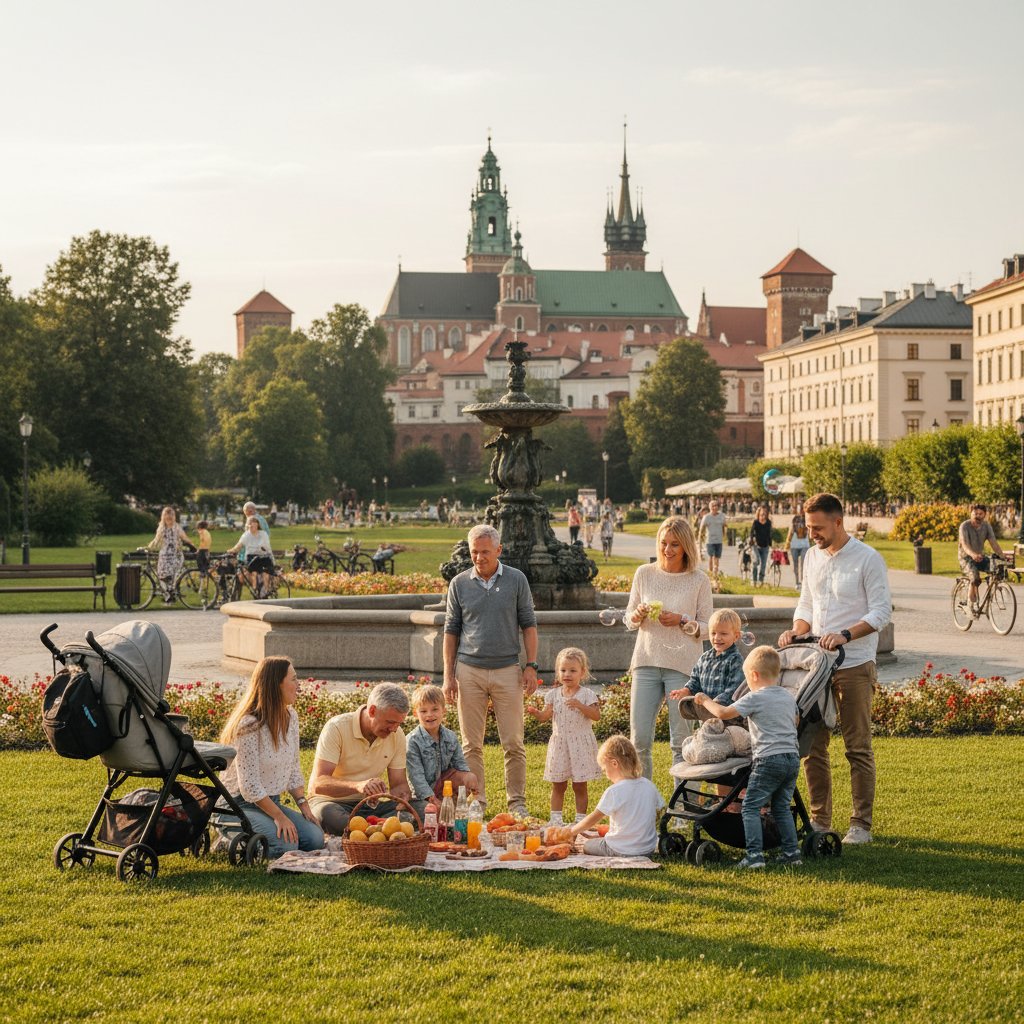 Zdjęcie dużej rodziny na spacerze w miejskim parku, Polska