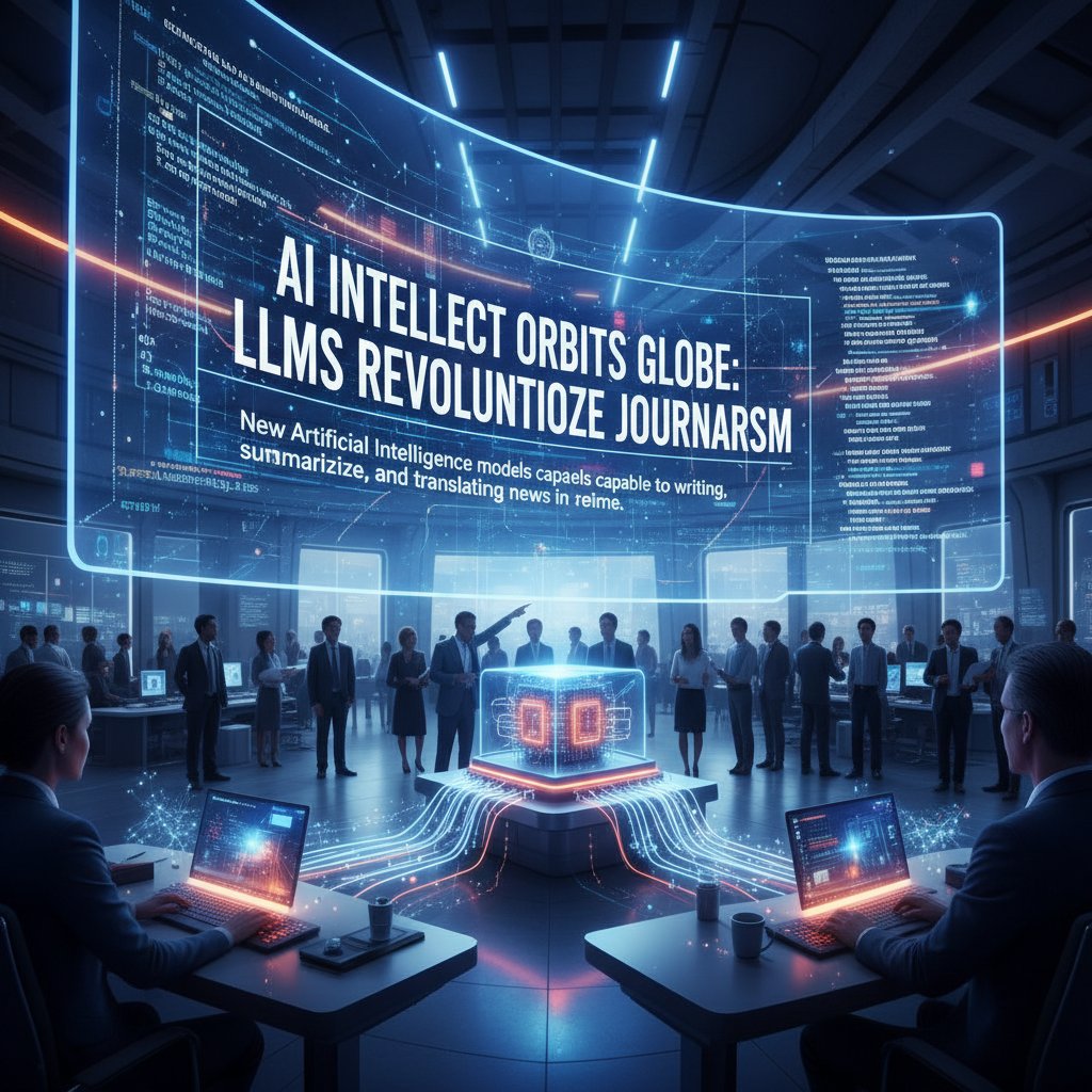 Visual metaphor of LLM behind news headlines, AI news article creator, neural network newsroom