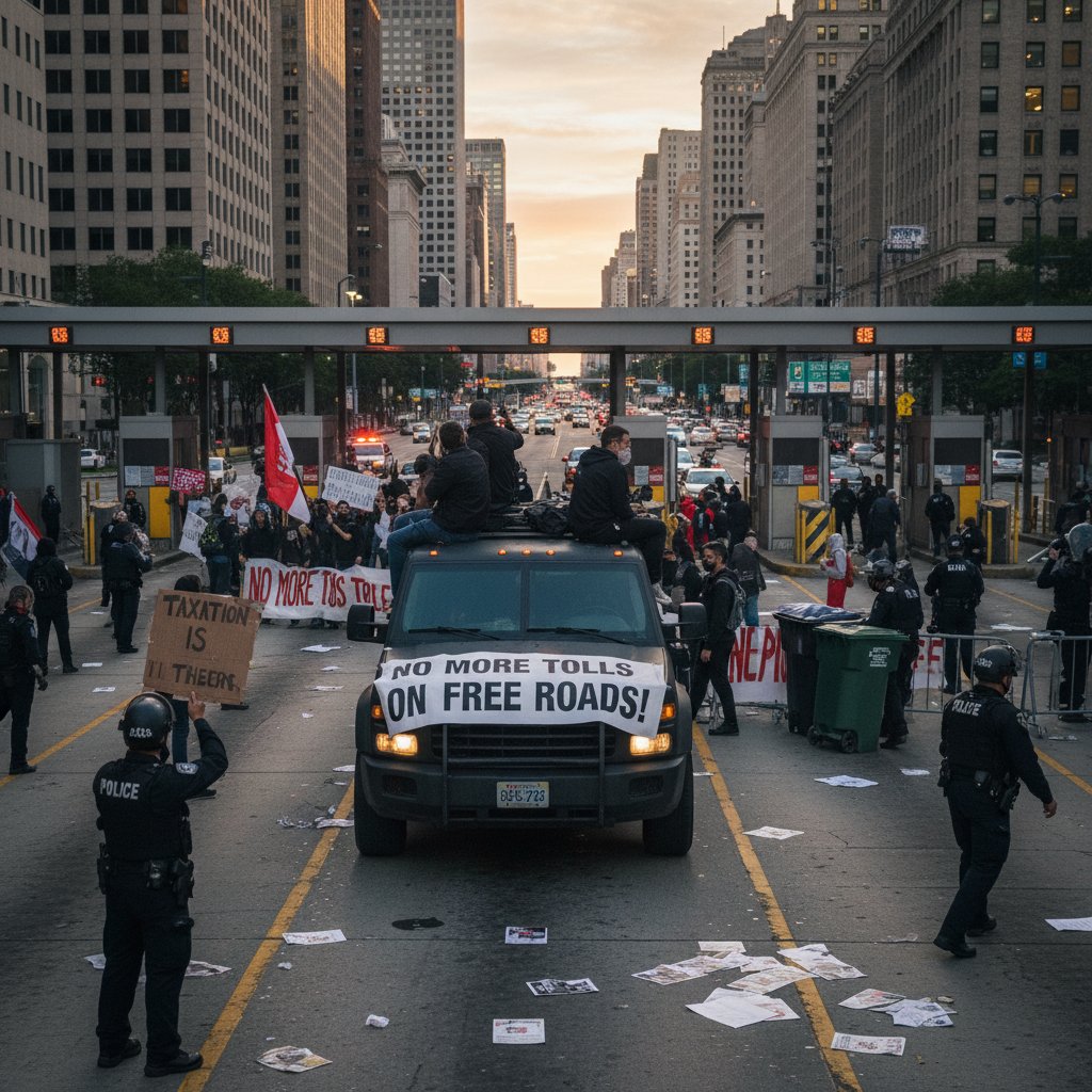 A large SUV at a city toll gate, sign noting extra fees for oversized vehicles, with political protest in the background