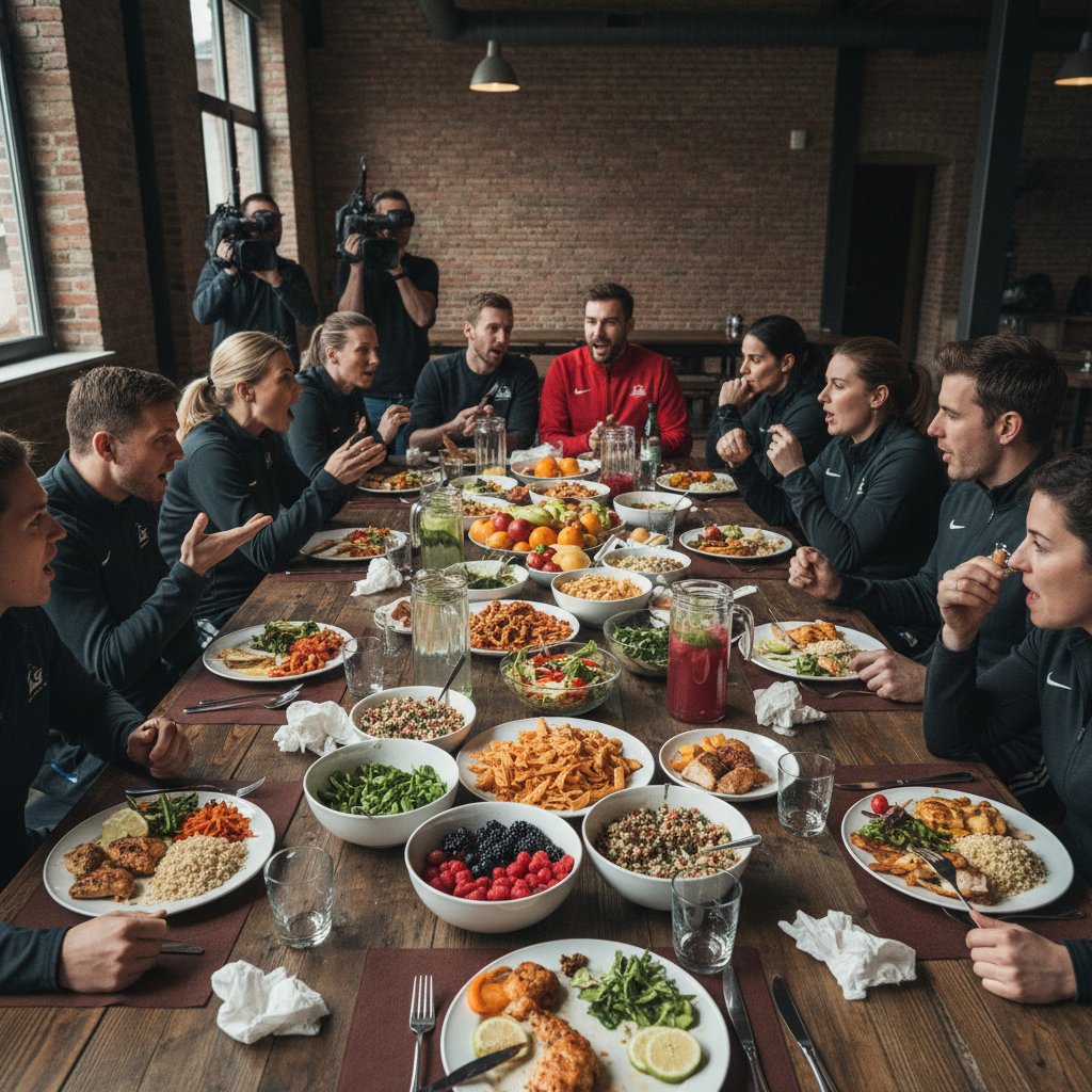 Drużyna sportowców przy stole pełnym różnych posiłków