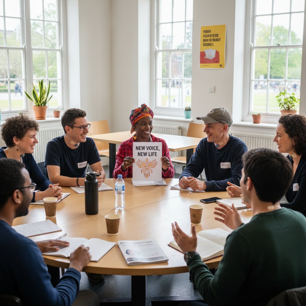 Pacjent po raku krtani uczestniczący w grupie wsparcia, uśmiech, odbudowa relacji społecznych