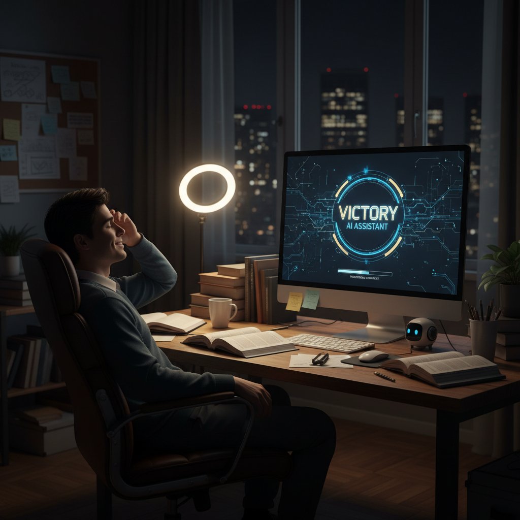 Late-night research victory with AI assistant, featuring a relieved researcher and glowing digital interface in a dark office