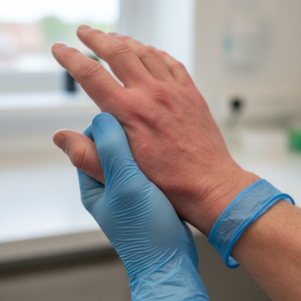 Dłoń z wysypką po użyciu rękawiczek lateksowych, obok opakowania rękawiczek nitrylowych