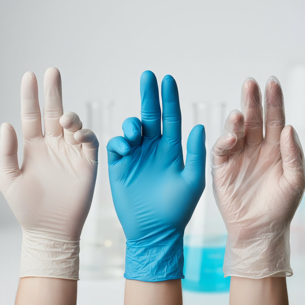 Zbliżenie na dłonie w trzech różnych typach rękawiczek: lateksowych, nitrylowych, winylowych