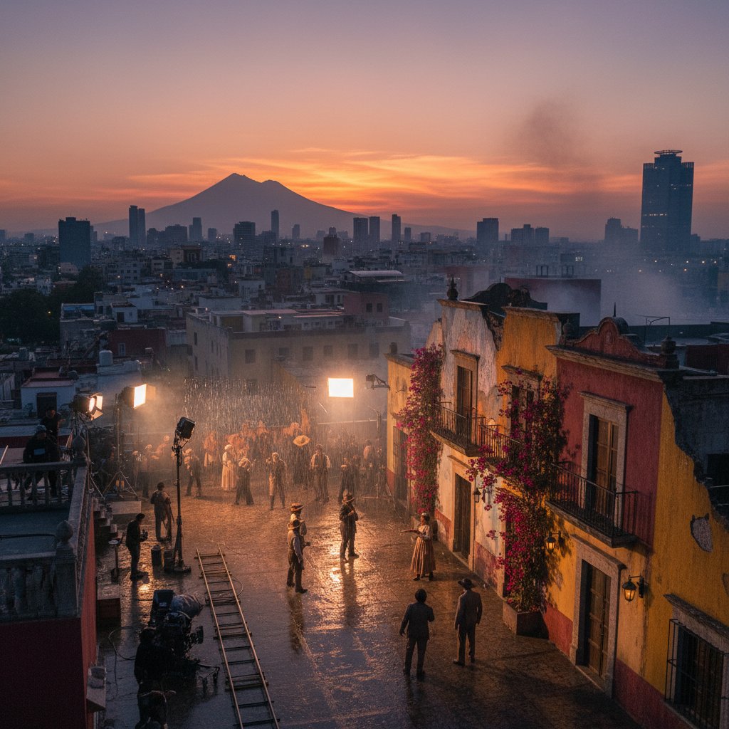 Cinematic photo of a Latin American film set in action in Mexico City at dusk, with dramatic lighting, 16:9 format