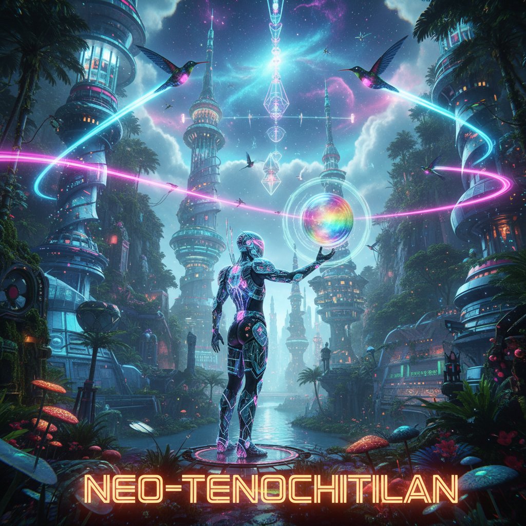 Surreal, stylized still inspired by a Latin American sci-fi movie, neon colors, 16:9 format