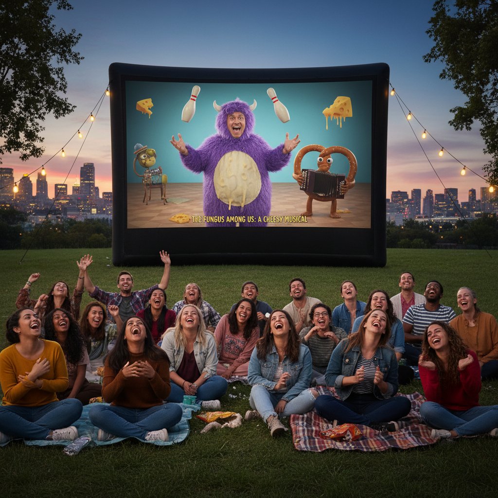 Laughing group of diverse people at an outdoor screening of a weird comedy movie