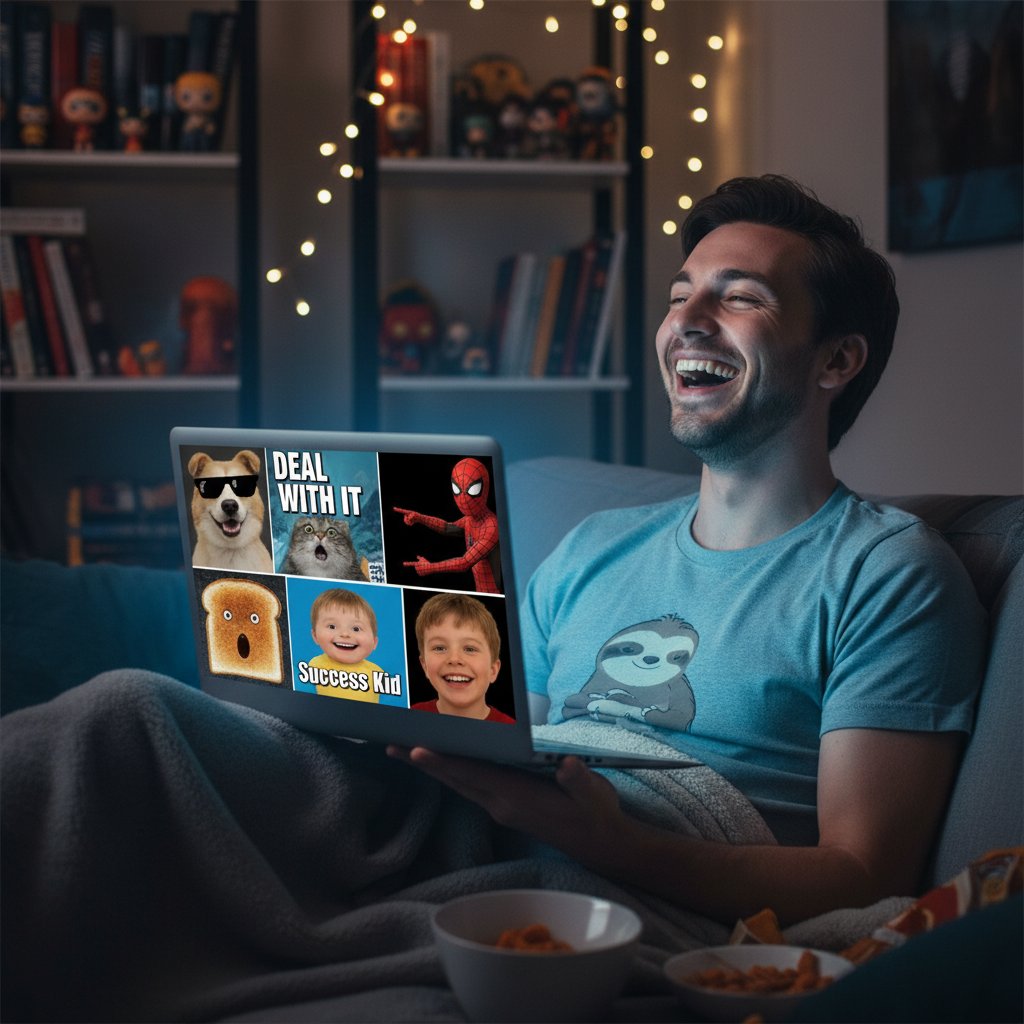 Osoba śmiejąca się z memów przy laptopie, poprawa humoru online